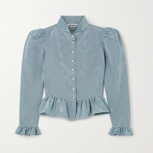 NWOT Batsheva Grace Faux Pearl-Embellished Ruffled Moire Blouse Blue